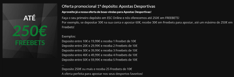 Promoção de Freebets até 250€ na ESC Online