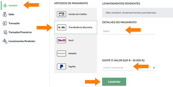 Levantar com Transferência Bancária no Casino Solverde