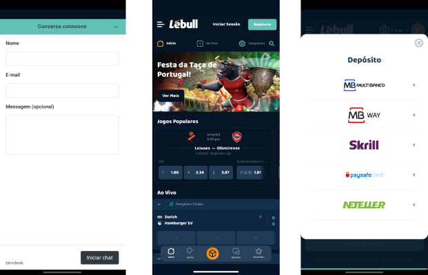 Páginas de apoio ao cliente, desporto e pagamentos na app LeBull