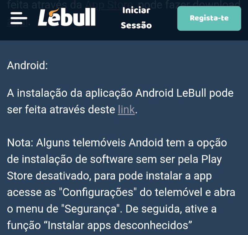 Download da app LeBull no Android